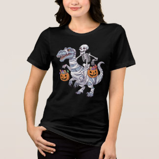 Skeleton Riding Mummy Dinosaur T rex Halloween Rol Shirt