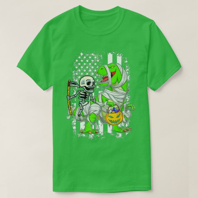 Skeleton Riding Mummy Dinosaur T rex Halloween Rol Shirt (Design framsida)