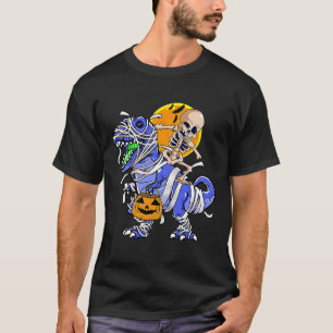 Skeleton Riding Mummy Dinosaur T rex Halloween Rol Shirt