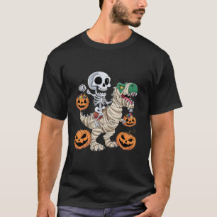 Skeleton Riding Mummy Dinosaur T rex Halloween Rol Shirt