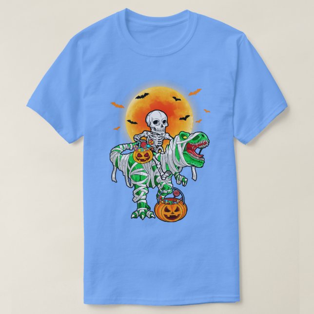 Skeleton Riding Mummy Dinosaur T Rex Halloween Rol Shirt (Design framsida)