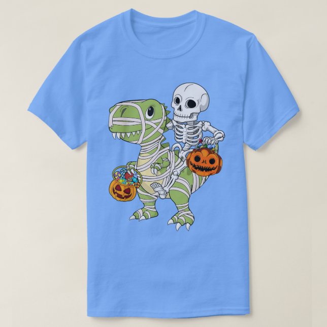 Skeleton Riding Mummy Dinosaur T rex Halloween Rol Shirt (Design framsida)