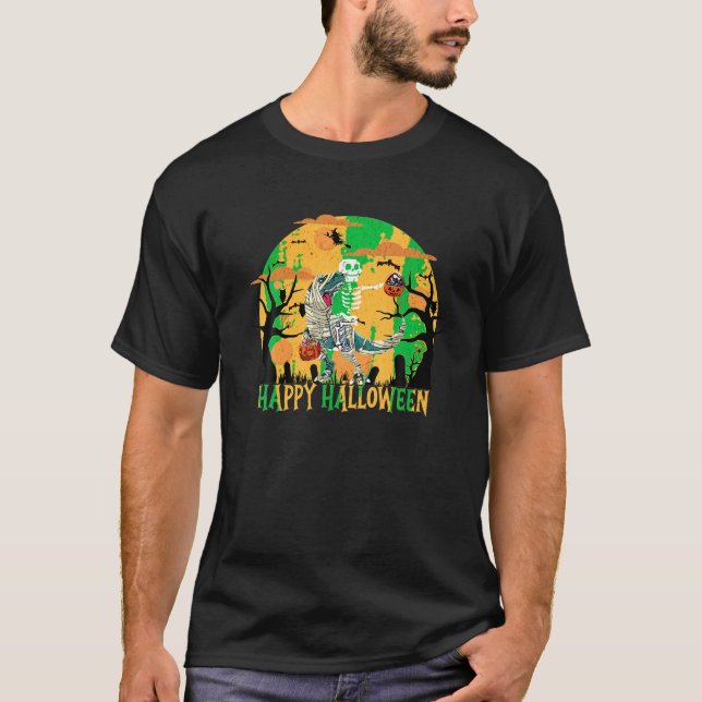Skeleton Riding Mummy Dinosaur T Rex Halloween Rol Shirt (Framsida)