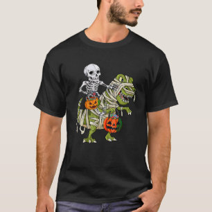 Skeleton Riding Mummy Dinosaur T rex Halloween Rol Shirt