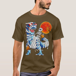 Skeleton Riding Mummy Dinosaur T rex Halloween Rol Shirt