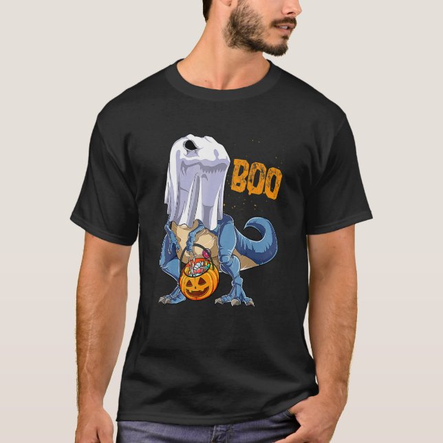 Skeleton Riding Mummy Dinosaur T rex Halloween Rol Shirt (Framsida)