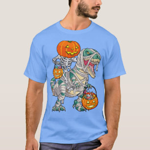 Skeleton Riding Mummy Dinosaur T rex Halloween Rol Shirt