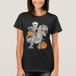 Skeleton Riding Mummy Dinosaur T rex Halloween Rol T Shirt