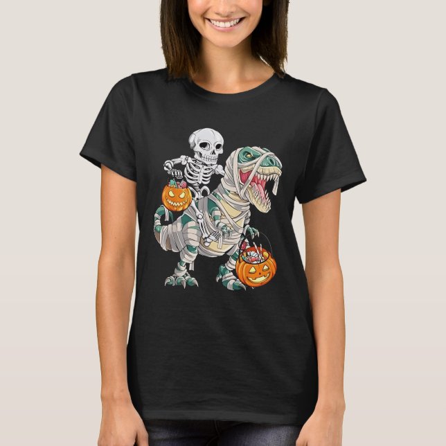 Skeleton Riding Mummy Dinosaur T rex Halloween Rol T Shirt (Framsida)