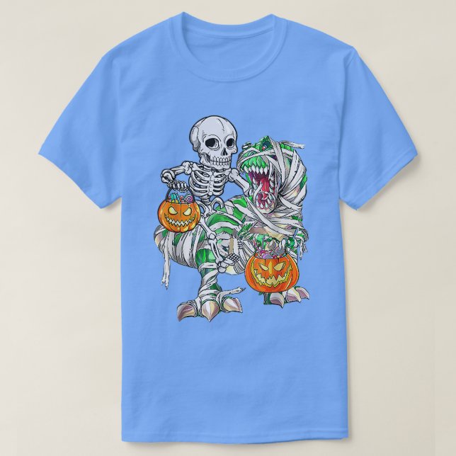 Skeleton Riding Mummy Dinosaur T Rex Halloween Rol T Shirt (Design framsida)