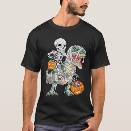 Skeleton Riding Mummy Dinosaur T rex Halloween Rol T Shirt