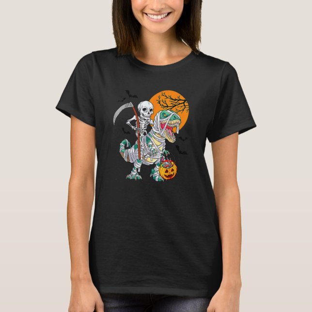 Skeleton Riding Mummy Dinosaur T Rex Halloween Rol T Shirt (Framsida)
