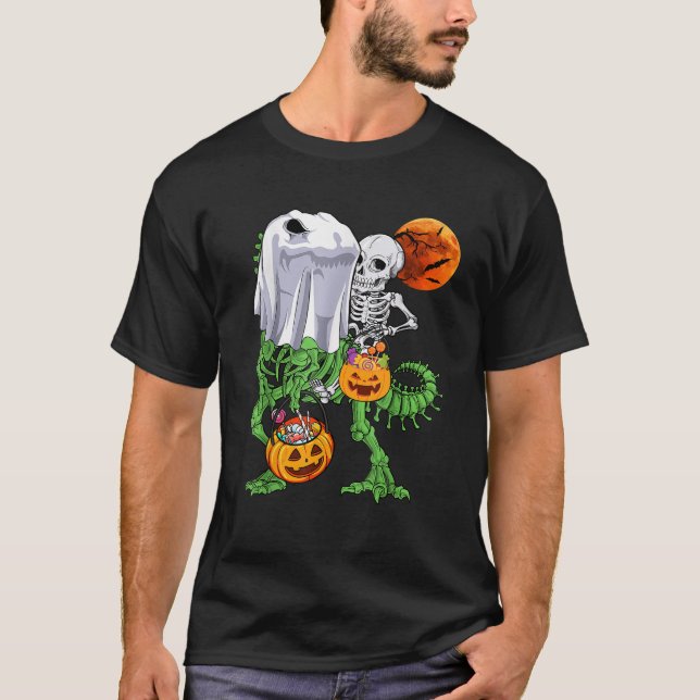 Skeleton Riding Mummy Dinosaur T rex Halloween Rol T Shirt (Framsida)