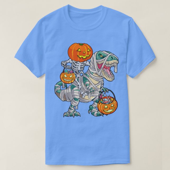 Skeleton Riding Mummy Dinosaur T rex Halloween Rol T Shirt (Design framsida)