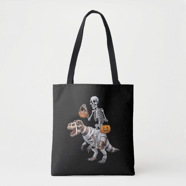 Skeleton Riding Mummy Dinosaur T rex Halloween Rol Tygkasse (Framsida)