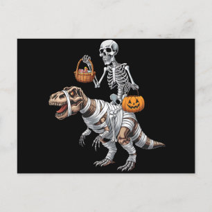 Skeleton Riding Mummy Dinosaur T rex Halloween Rol Vykort