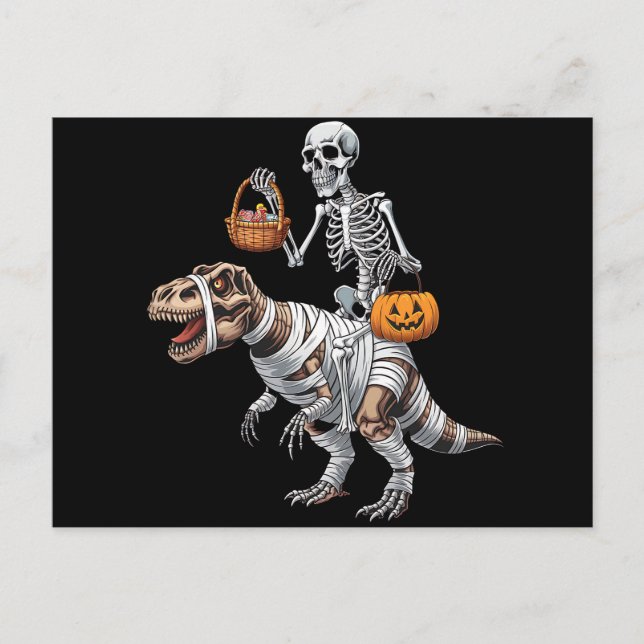 Skeleton Riding Mummy Dinosaur T rex Halloween Rol Vykort (Framsida)