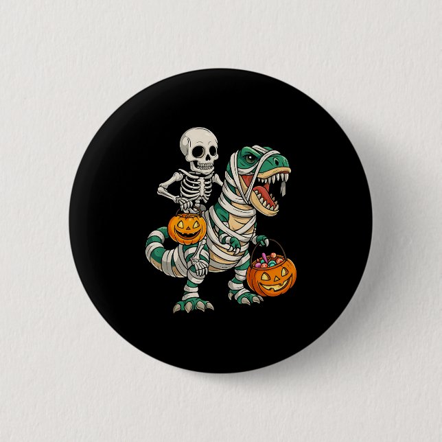 Skeleton Riding Mummy Dinosaur T Rex Kids Boys Man Knapp (Framsida)