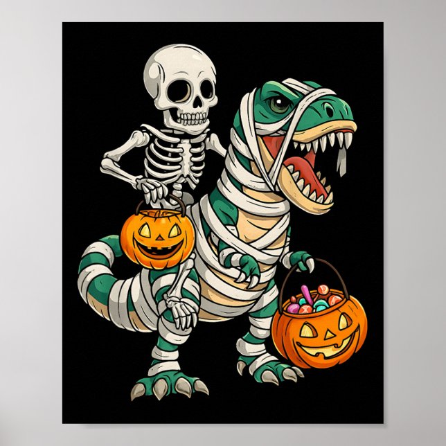 Skeleton Riding Mummy Dinosaur T Rex Kids Boys Man Poster (Framsidan)