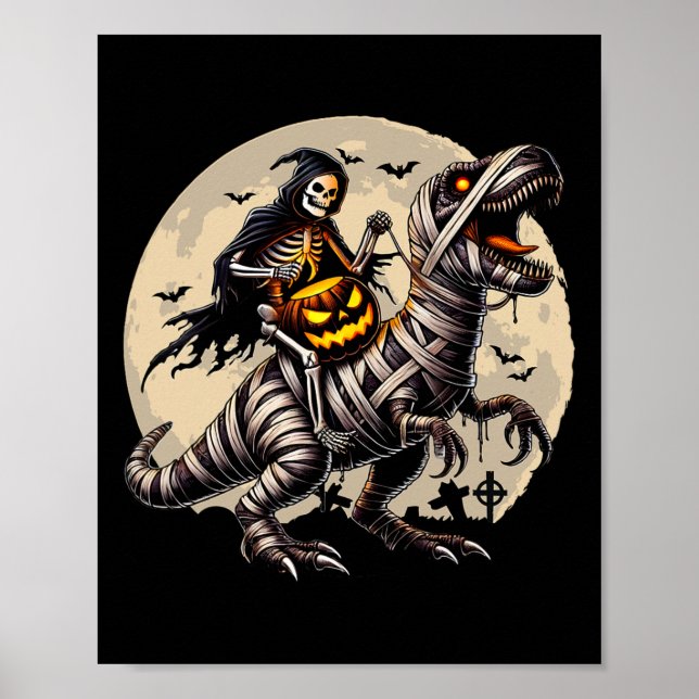 Skeleton Riding Mummy Dinosaur T Rex Pumpkin Funny Poster (Framsidan)