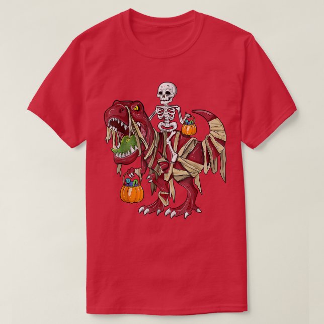 Skeleton Riding Mummy Dinosaur T Rex Pumpkin Funny Shirt (Design framsida)