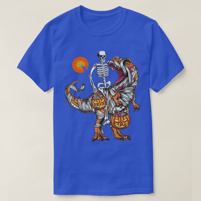 Skeleton Riding Mummy Dinosaur T Rex Pumpkin Funny Shirt (Design framsida)