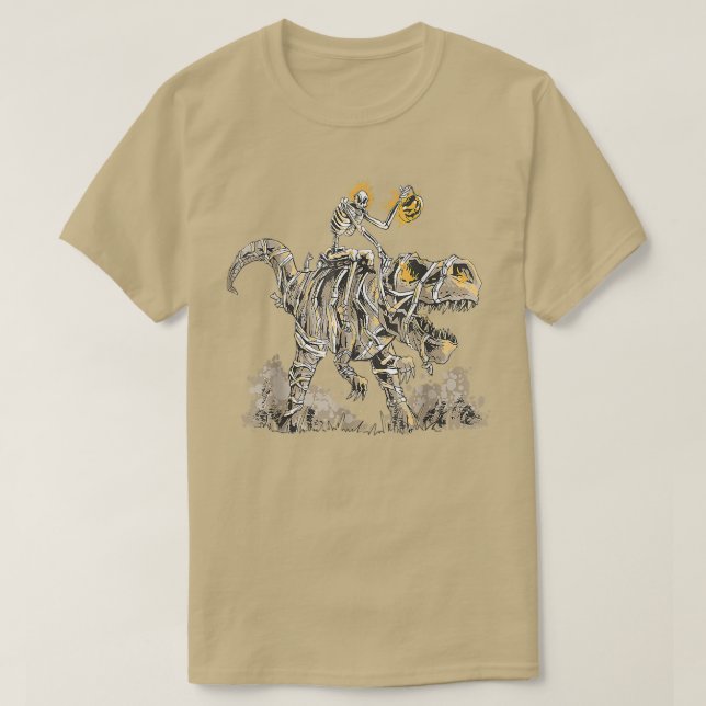 Skeleton Riding Mummy Dinosaur T Rex Pumpkin Funny Shirt (Design framsida)
