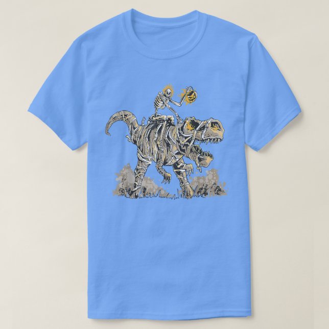 Skeleton Riding Mummy Dinosaur T Rex Pumpkin Funny Shirt (Design framsida)