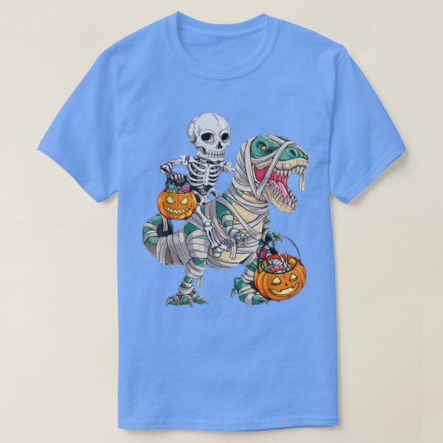 Skeleton Riding Mummy Dinosaur T rex Pumpkin Funny Shirt (Design framsida)