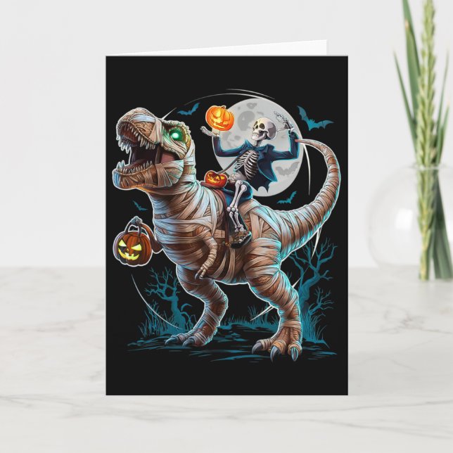 Skeleton Riding Mummy Pumpkin T Rex Dinosaur Funny Kort (Framsida)