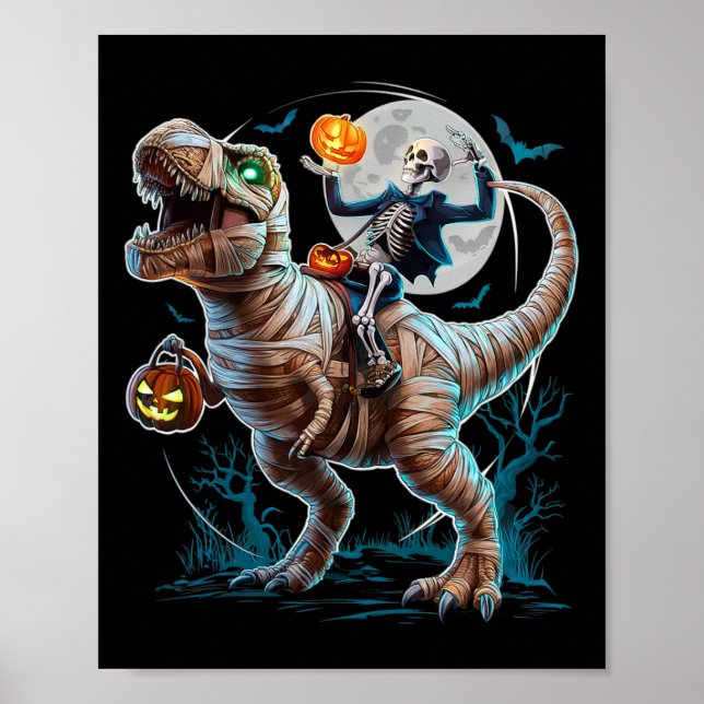 Skeleton Riding Mummy Pumpkin T Rex Dinosaur Funny Poster (Framsidan)