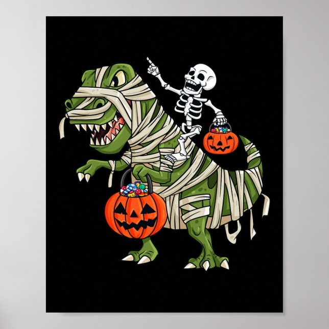 Skeleton Riding Mummy T Rex Halloween Boys Girls K Poster (Framsidan)