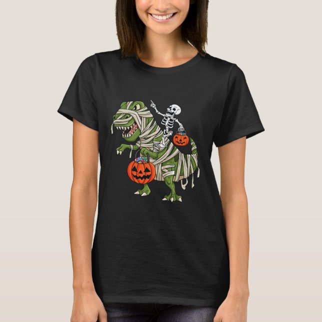 Skeleton Riding Mummy T Rex Halloween Boys Girls K Shirt (Framsida)