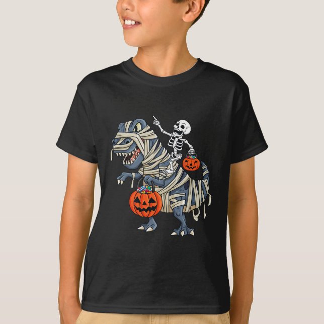 Skeleton Riding Mummy T Rex Halloween Boys Girls K T Shirt (Framsida)