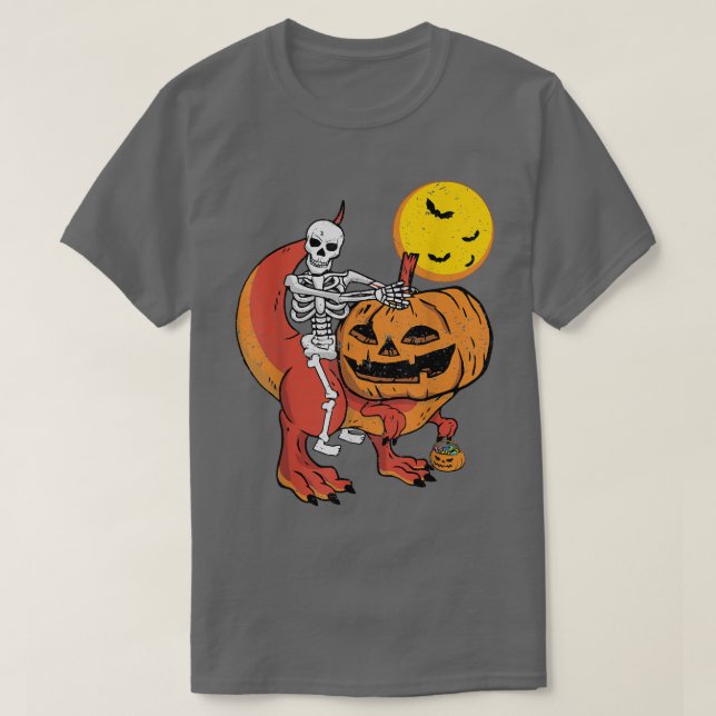 Skeleton Riding Pumpkin head Dinosaur T re Hallowe T Shirt (Design framsida)