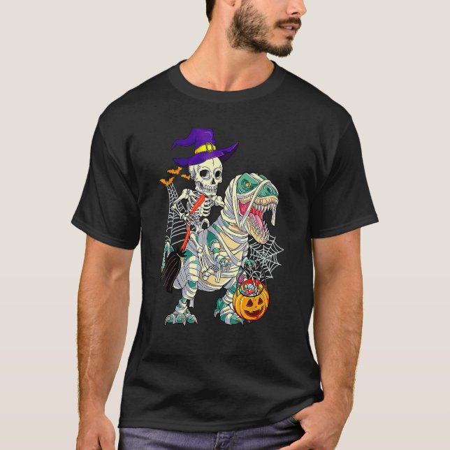 Skeleton Riding Rex Dinosaur Pumpkin Halloween Ki T Shirt (Framsida)