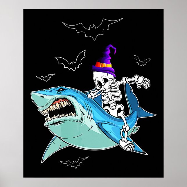 Skeleton Riding Shark Funny - Crazy Halloween Gift Poster (Framsidan)