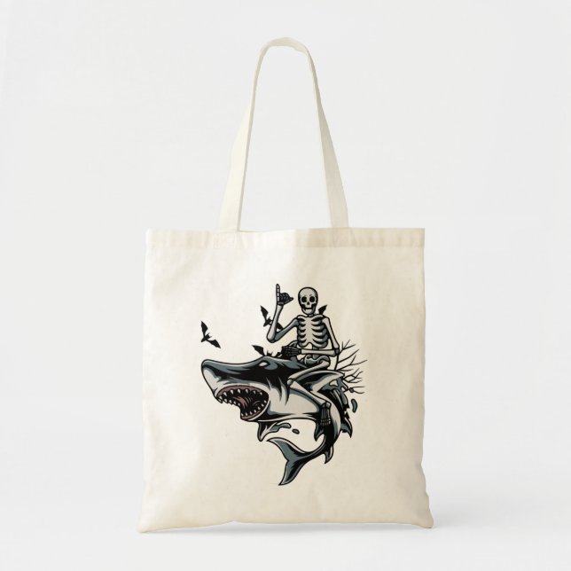Skeleton Riding Shark Funny Halloween Boys Girls K Tygkasse (Framsidan)