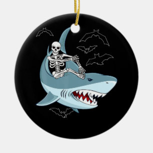 Skeleton Riding Shark Funny Halloween-presentation Julgransprydnad Keramik