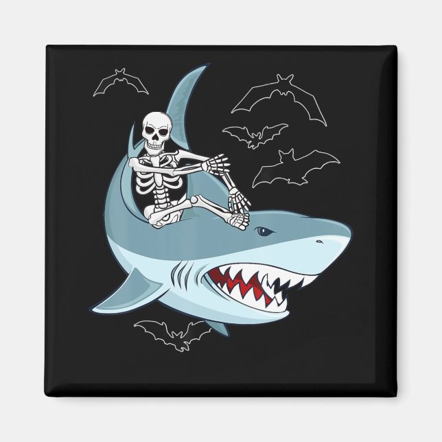 Skeleton Riding Shark Funny Halloween-presentation Magnet (Framsidan)