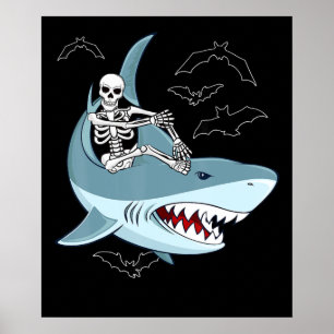 Skeleton Riding Shark Funny Halloween-presentation Poster