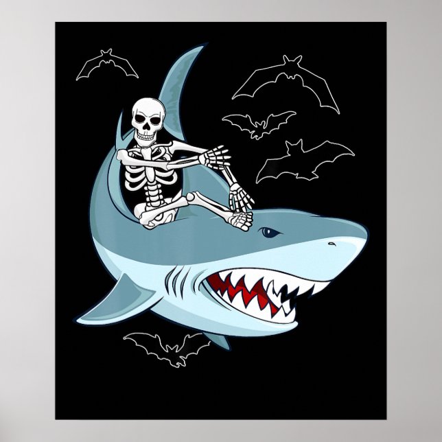 Skeleton Riding Shark Funny Halloween-presentation Poster (Framsidan)