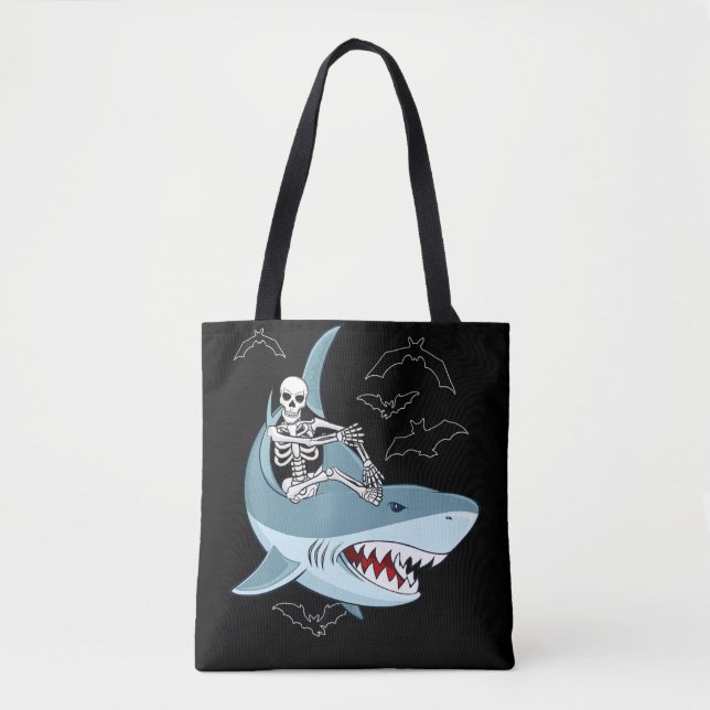 Skeleton Riding Shark Funny Halloween-presentation Tygkasse (Framsida)