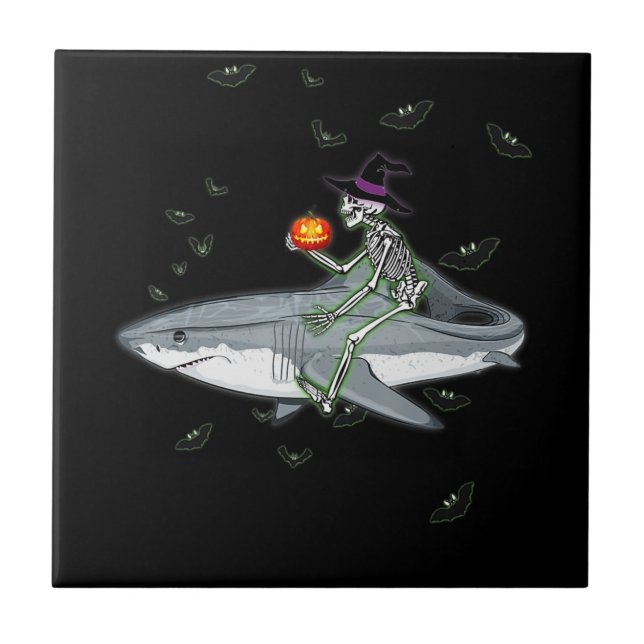Skeleton Riding Shark - Funny Halloween Shark Gift Kakelplatta (Framsidan)