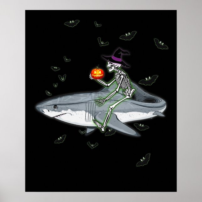 Skeleton Riding Shark - Funny Halloween Shark Gift Poster (Framsidan)