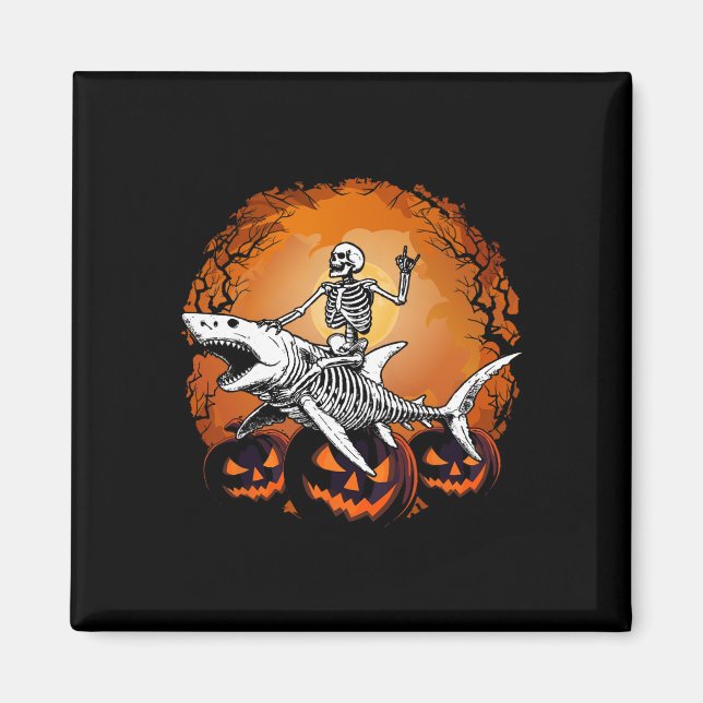 Skeleton Riding Shark Lazy Halloween Costume Funny Magnet (Framsidan)