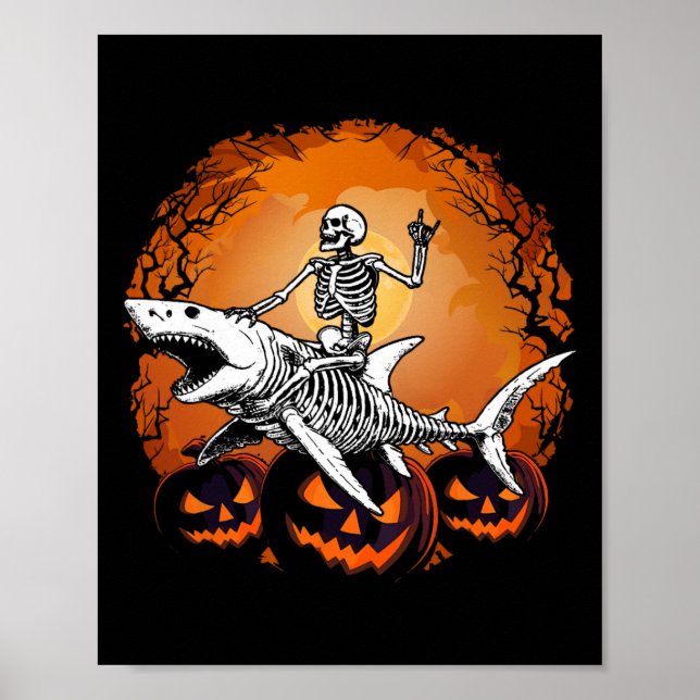 Skeleton Riding Shark Lazy Halloween Costume Funny Poster (Framsidan)