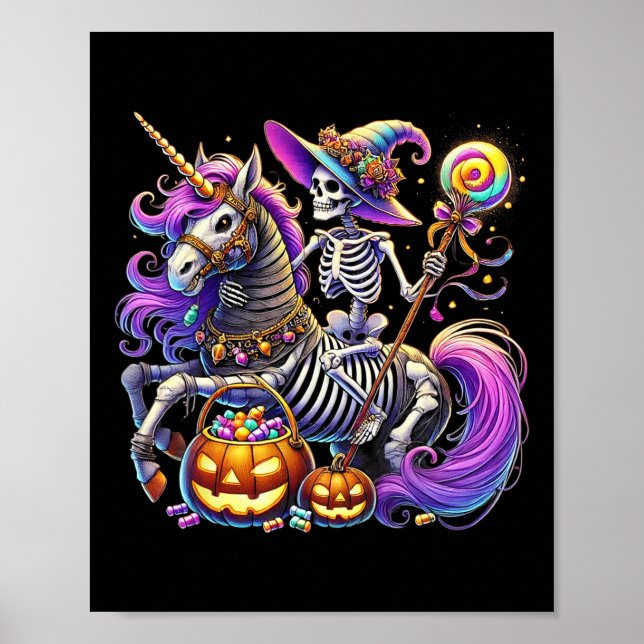 Skeleton Riding Skeleton Unicorn Halloween Costume Poster (Framsidan)