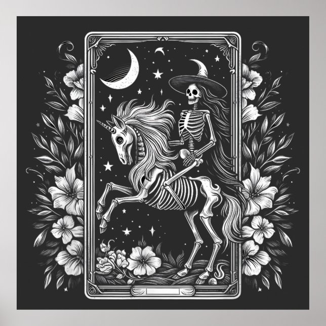 Skeleton Riding Unicorn Skeleton Tarot Card Poster (Framsidan)