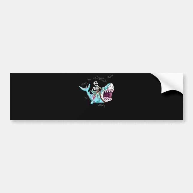 Skeleton Riding Zombie Shark Funny Halloween Gift Bildekal (Framsidan)